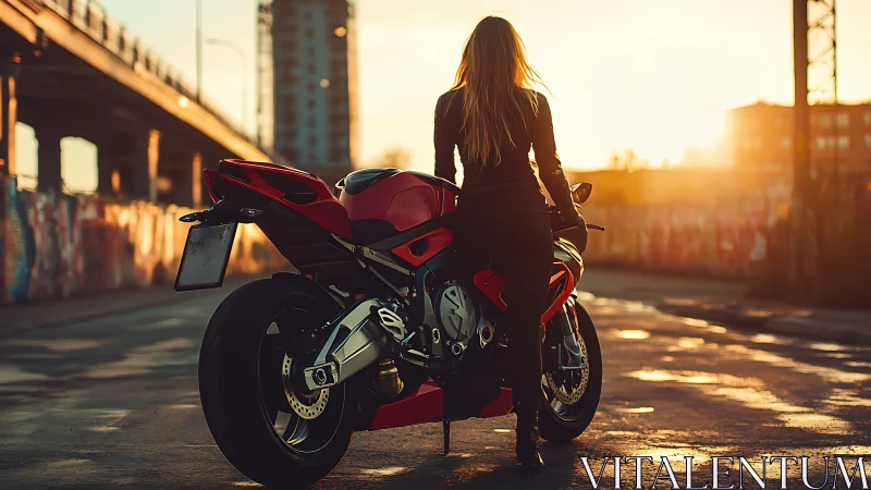 Motorcycle rider dominates sunlit urban overpass roadway.