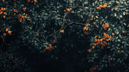 Lush dark foliage with orange flowers in moody artistic style.