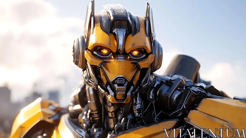 Yellow combat mech close-up with glowing amber optics.