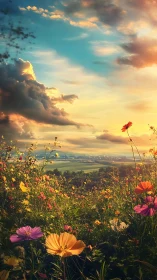 Wildflower meadow under radiant golden sunset sky.