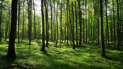 Sunlit green forest with tall trees and lush undergrowth, natural style.