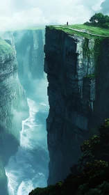 Lone wanderer on a misty sea cliff of endless horizons.