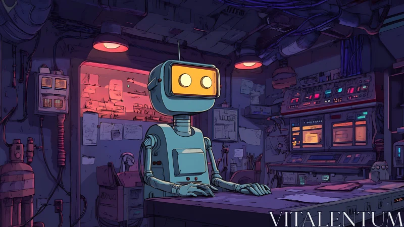 Robot at control workstation in cluttered tech workshop.