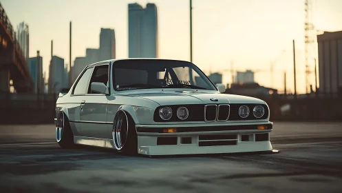 Low-slung classic BMW resting in golden city sunset.