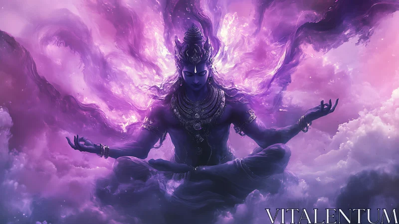 Cosmic meditator braids violet nebulae into silent stillness