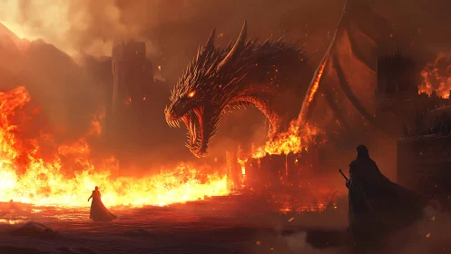 Enormous fire dragon confronts lone warriors amid burning citadel