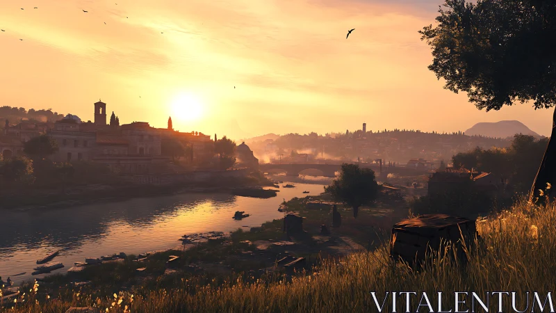 Riverside town skyline with low sun over distant hills.