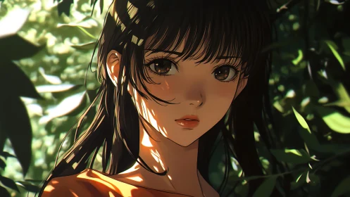 Soft sunlight on a quiet anime girl in forest shade.
