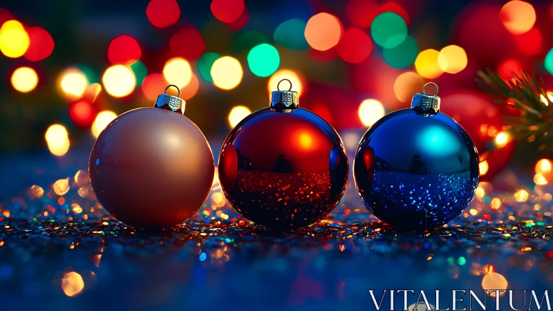 High-gloss Christmas ornaments with shallow bokeh depth of field