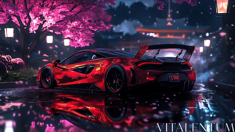 Red supercar under sakura night lights in neon street.