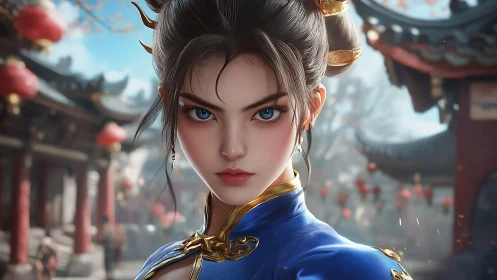 Warrior woman holds intense gaze in ancient courtyard