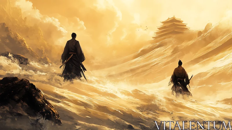 Samurai walk through golden storm toward distant mountain temple