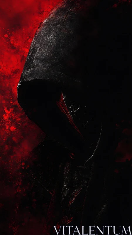 Hooded wraith in shadowed profile amid violent crimson haze.