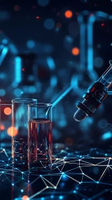 Neon-lit laboratory vials with droplet pipette over data grid