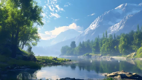 Mountain river valley glows under crisp morning light.