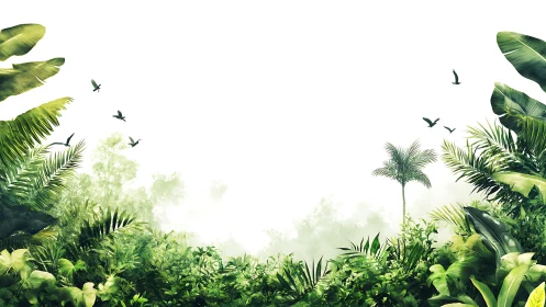 Tropical Jungle Canopy with Lush Vegetation and Birds.