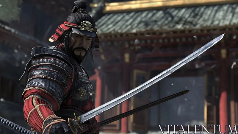 Armored samurai warrior holds drawn katana in courtyard