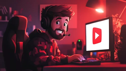 Night-owl streamer glowing in neon red YouTube lair.