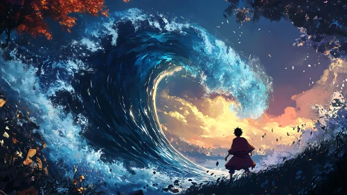 Solitary figure confronts colossal curling wave at sunset