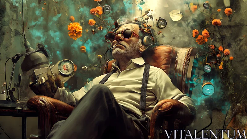 Older man in armchair with gauges, headset and flowers.