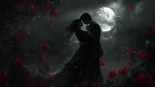 Moonlit Embrace: Romantic Kiss Beneath Full Moon and Red Roses