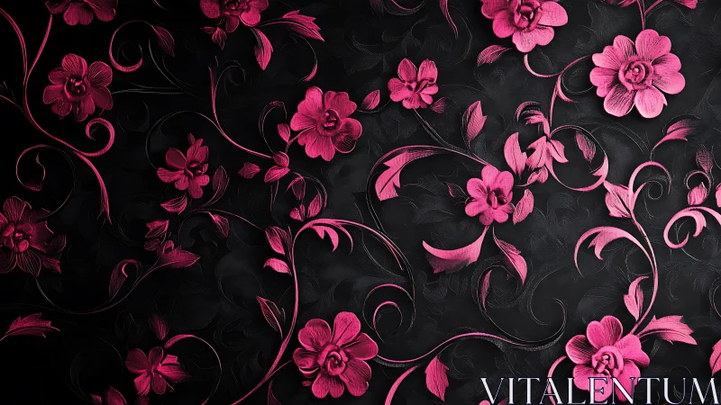 Pink Florals Against Charcoal: Ornate Botanical Design.