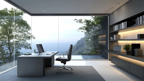 Modern glass wall office with mountain and forest view.