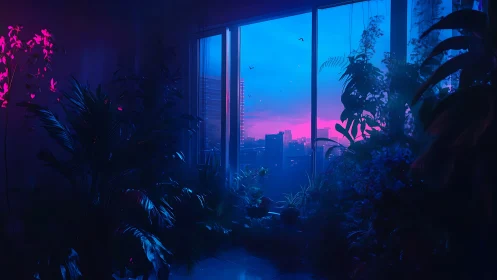 Indoor jungle against neon city sunset through windows.