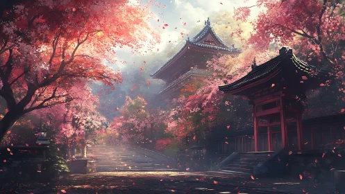Japanese temple courtyard framed by vivid cherry blossoms.