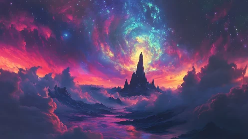 Towering dark spire under swirling neon cosmic sky.