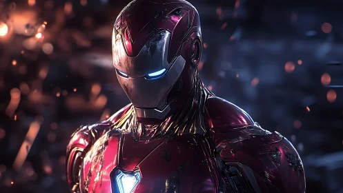 Battleworn crimson mech hero under stormlit ember drizzle.