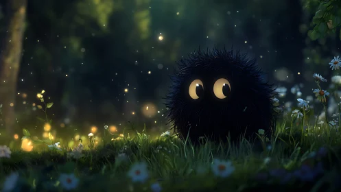 Small dark furry creature observes glowing lights in grass