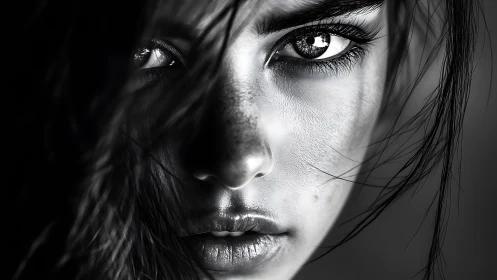 High-contrast monochrome close-up isolates detailed facial texture