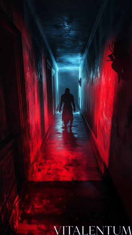 Shadowed figure walks through a chilling blood red hallway