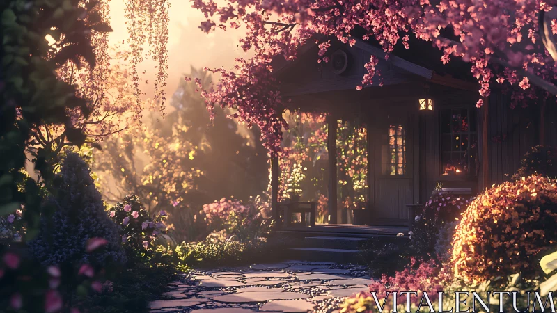 Sunlit cherry blossom garden path toward wooden cottage.
