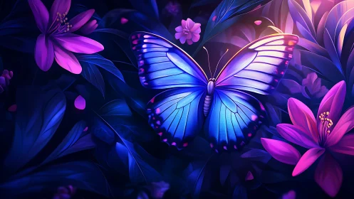 Iridescent blue butterfly amid neon violet jungle blooms.