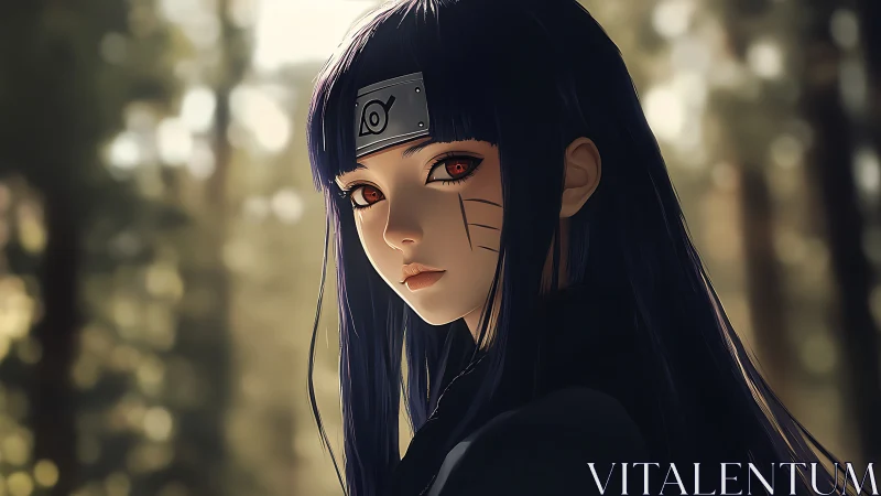Forest morning with a quiet crimson eyed ninja girl.