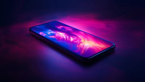 Glowing smartphone radiating neon energy waves.