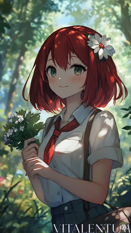 Sunlit schoolgirl smiles softly while holding wildflowers