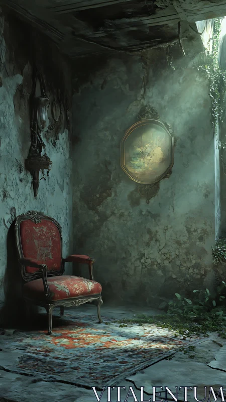 Decayed room holds solitary red armchair in dusty light