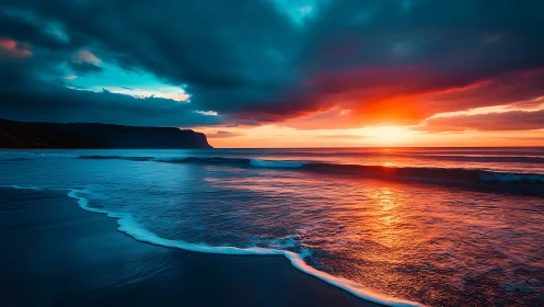 High-contrast coastal sunset with reflective wet shoreline and surf