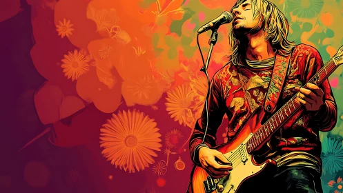 Psychedelic vector portrait of electric guitarist in performance.