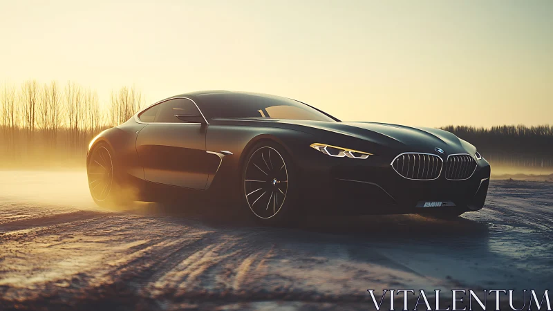 Black BMW sports coupe on frosty road at sunrise.