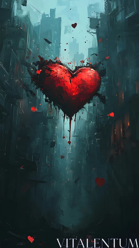 Luminescent Heart Form Amid Dystopian Urban Architecture.