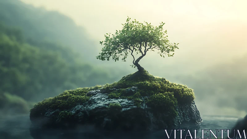 Solitary moss island cradling a luminous dreamer tree.