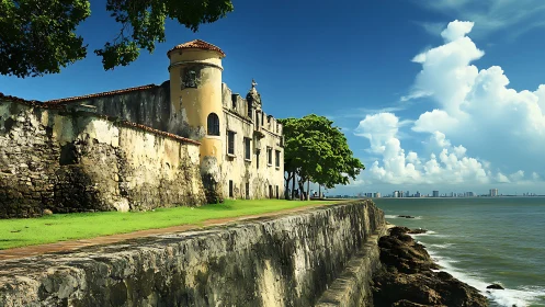 Weathered Fortress Meets Modern Horizon: Coastal Castle Dreams.