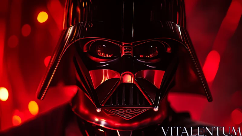 Photorealistic Sith helmet portrait under red bokeh lighting.