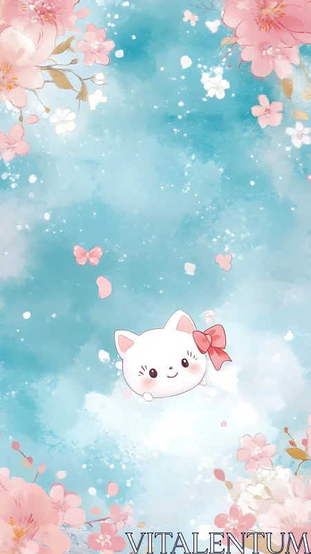Cute white kitty with pink bow in pastel floral sky.