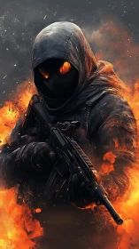Hooded tactical operative framed by infernal ember flames.