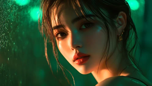 Neon rainlit muse in emerald glow and molten shadowed light.